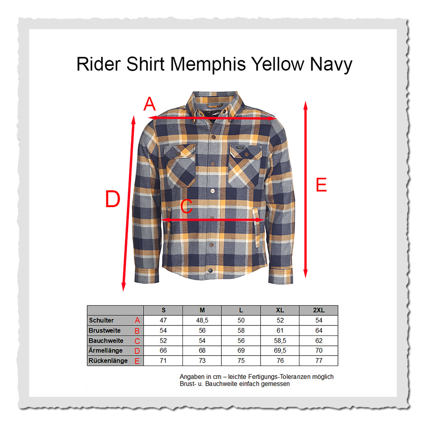 Produktgrafik eines karierten Rider Shirts in Gelb und Navy mit Maßtabelle auf hellem Hintergrund.